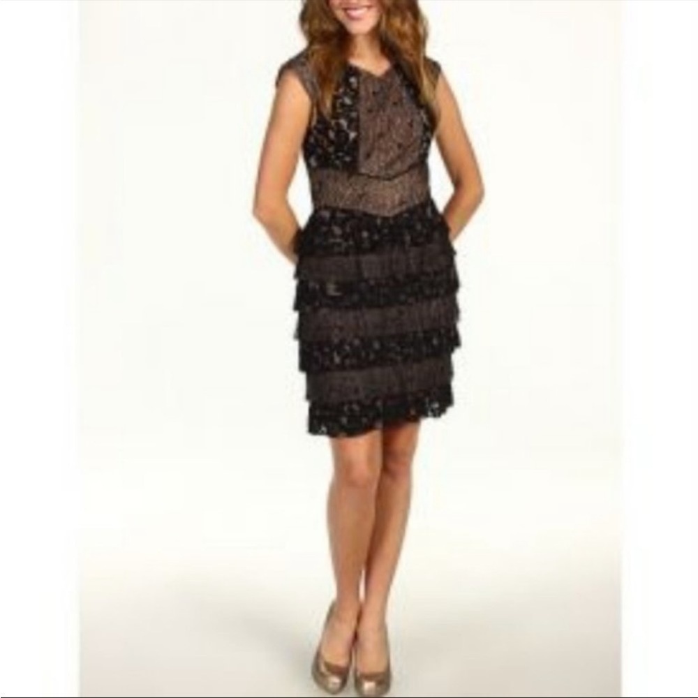 BCBGMAXAZRIA Lace and Cream Mini Ruffle Lace Dress